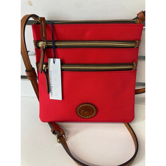 DOONEY & BOURKE NWT SMALL RED CANVAS, LEATHER CROSSBODY BAG - Picture 1 of 13